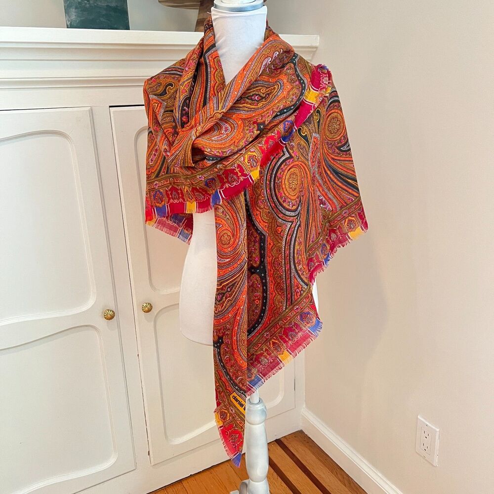 Daniel La Foret Vtg Paisley Shawl Orange Blue Red 52 x 52 inches